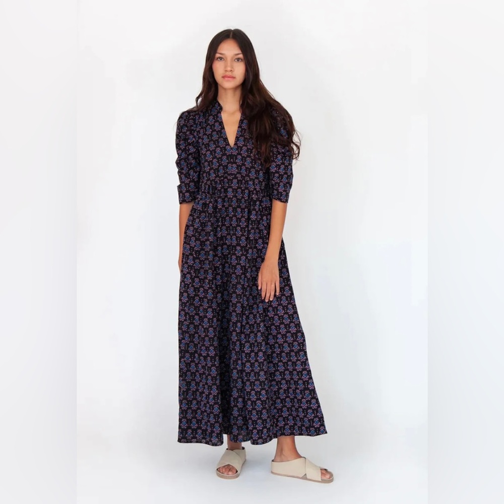 Matta Tapi Navy and Lavender Floral Maxi Dress, size Large